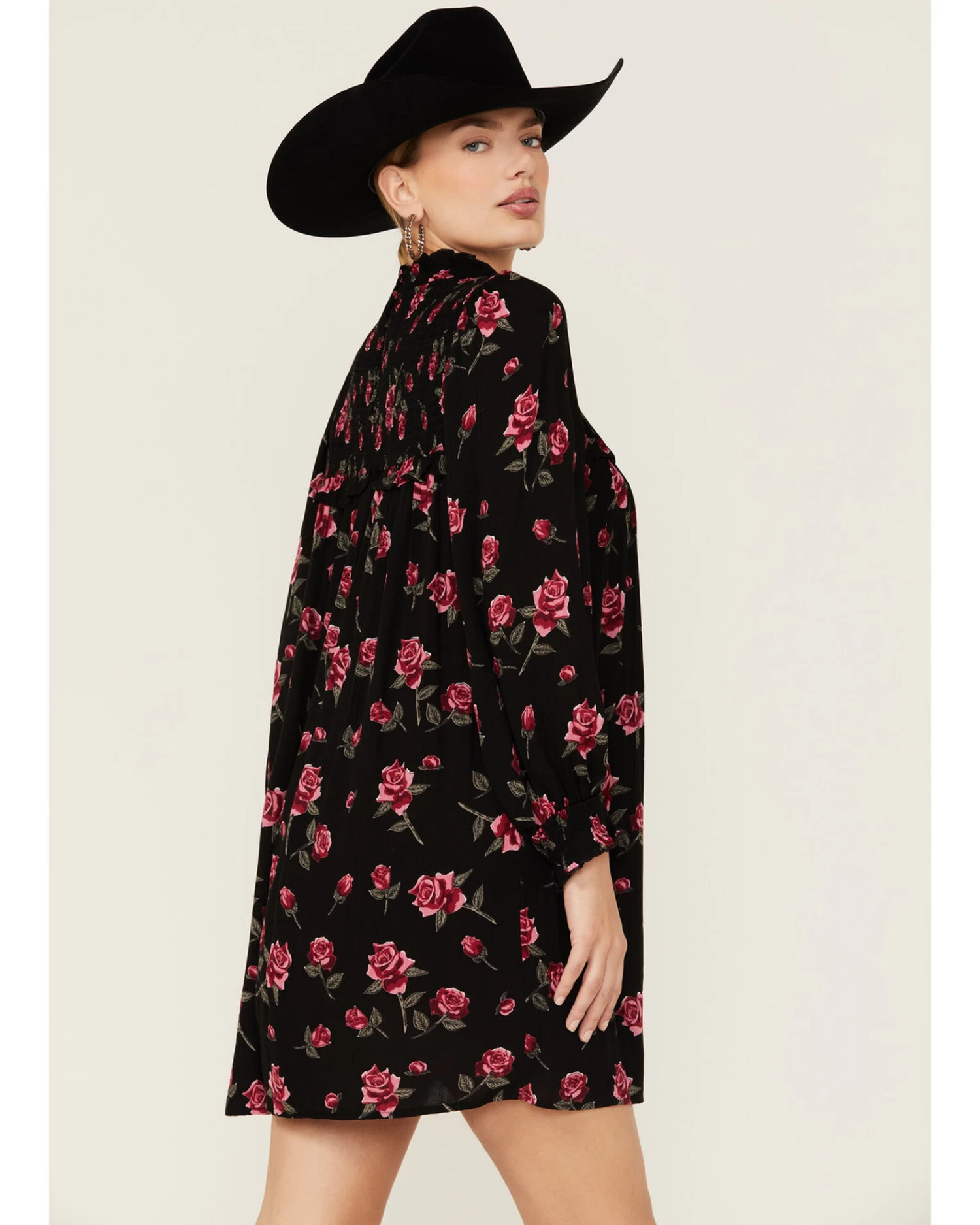 Angie Women's Navy Long Sleeve Smocked Floral Border Mini Dress - Image 3