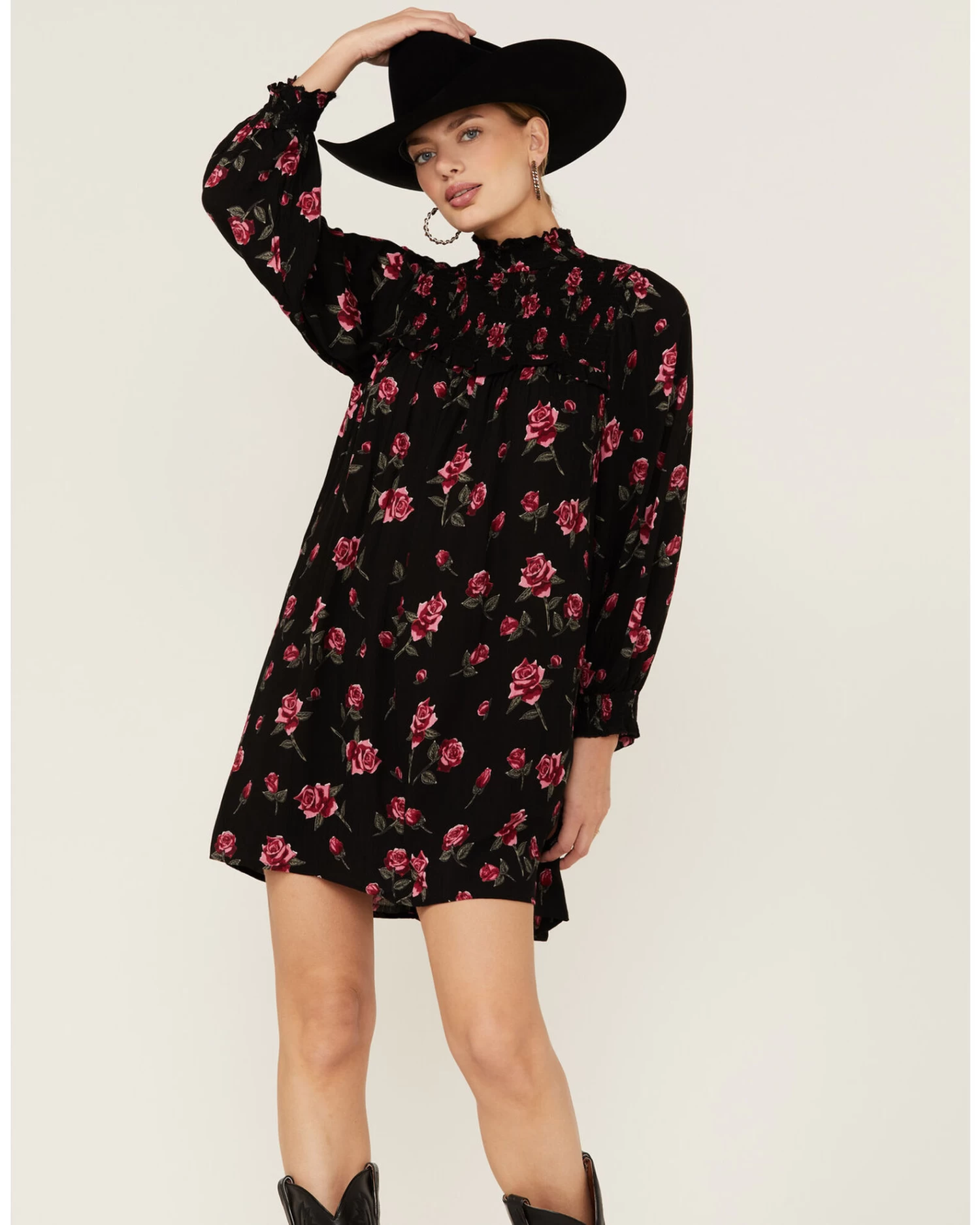 Angie Women's Navy Long Sleeve Smocked Floral Border Mini Dress - Image 4