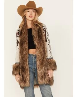 Shyanne Women's Southwestern Knit Faux Fur Trim Cardigan