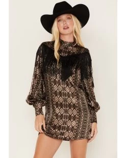 Shyanne Women's Long Sleeve Satin Fringe Mode Dress